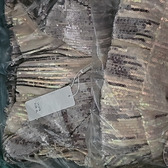 Silver/Gray Striped Print, V Neck, Backless, Sleeveless, Beaded, Sequined Gown - Picture 15 of 16